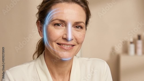 Close-up of a woman over 40 smiling as animated blue lines show collagen action, smoothing wrinkles. Anti-aging, skincare and rejuvenation concept.