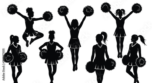 Cheerleader silhouettes collection featuring high school girls dancing with pom poms, jumping in air, spirit squad posing for sports competition and team support.