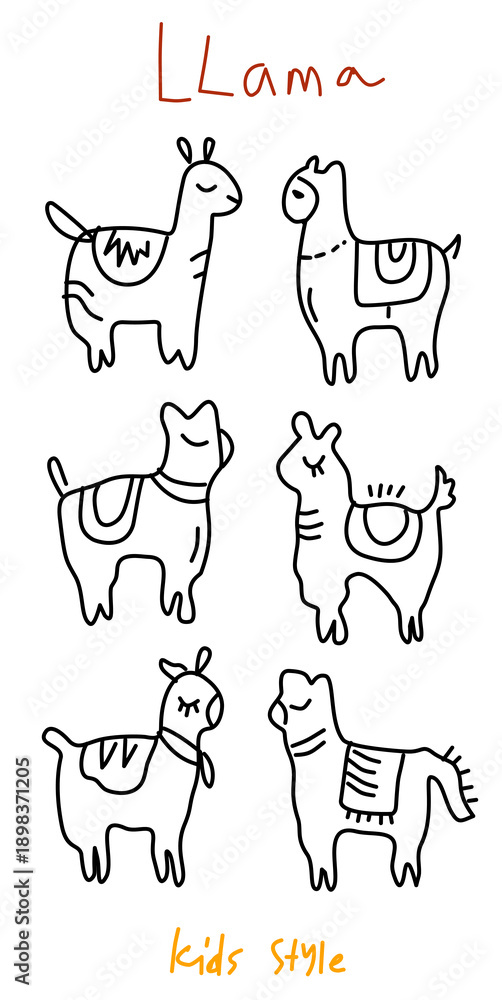 Fototapeta premium set of cute llama characters with simple black outlines in various poses