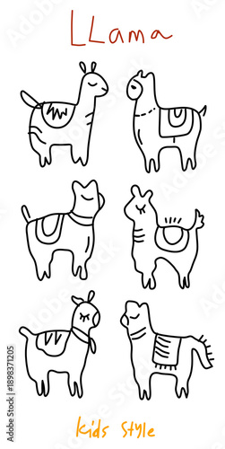 set of cute llama characters with simple black outlines in various poses