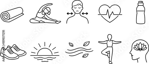 Collection of simple line icons representing health, wellness, and fitness activities
