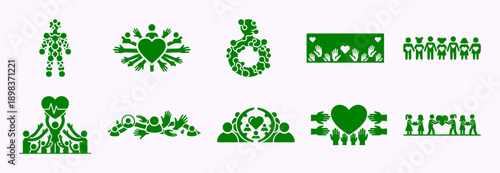 A collection of green icons depicting community, collaboration, health, and social support Vector