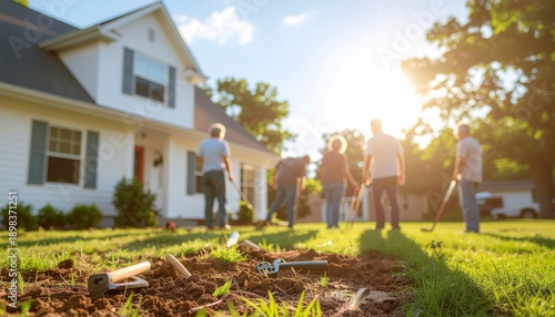 Group of people gardening in a sunny front yard of a white house, working together on a bright day.