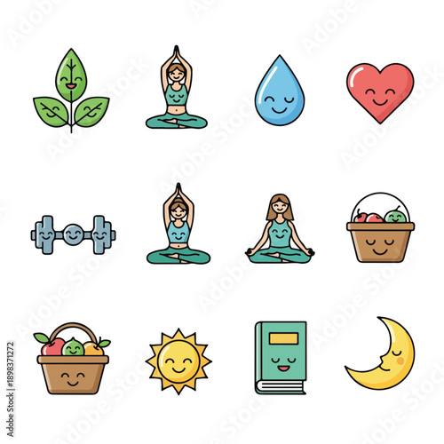 Colorful illustrated set with various symbols representing well-being and happiness