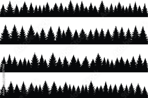 Silhouette conifer forest rows with pine trees, sparse to dense foliage, outdoor woodland design, botanical illustration, environmental landscape art