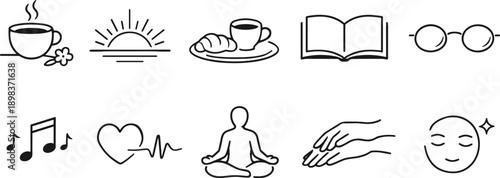 Collection of simple line icons representing self-care and relaxation activities