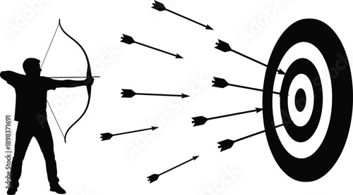 Focused archer hitting target with multiple arrows in motion
