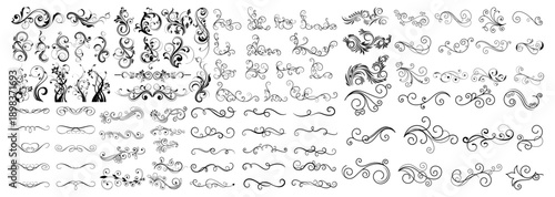 Calligraphic swirl floral ornaments. Modern swirling flourishes, wreath, romantic card decorative swirl and wedding card decor curls swirls dividers set. Black curly thin lines