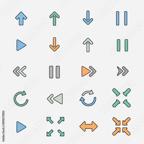 Collection of stylized, colorful arrows, play, and pause icons