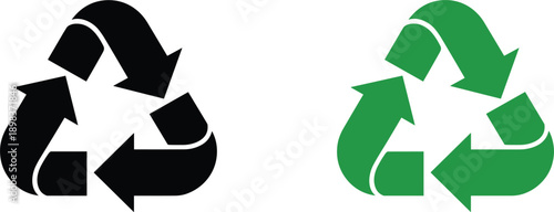 Black and green recycling symbols on a white background Keywords: recycling, symbol, icon, green, black, arrows, triangle, loop
