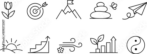 Collection of simple line icons representing growth, success, nature, and balance