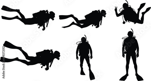 Scuba diving silhouette set showing underwater divers with equipment in different swimming poses, isolated on white background for ocean design