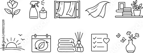 Collection of simple line art icons representing home comfort and wellness elements