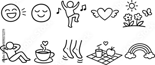 Collection of simple line art icons representing happiness, relaxation, and positive emotions