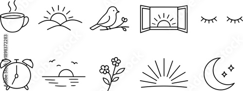 Collection of simple line art icons representing morning, day, and night elements