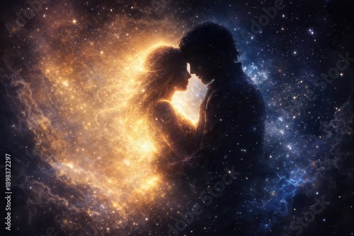 Silhouette of a loving couple embracing in cosmic space filled with stars and glowing light. Fantasy illustration about soulmates, eternal love, spiritual unity and universe energy.
