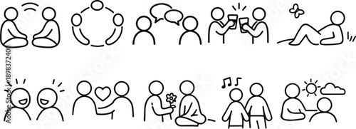 Collection of simple line art icons depicting human interactions and emotions