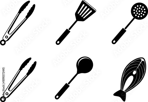 Collection of six black kitchen utensil icons on a white background