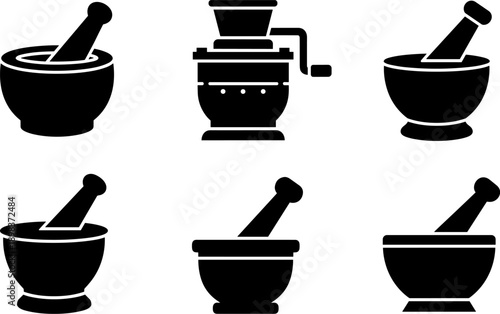 Collection of black mortar and pestle icons and a manual grinder on a white background