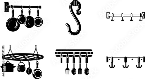Collection of kitchen utensil and cookware hanging rack icons in black and white silhouette