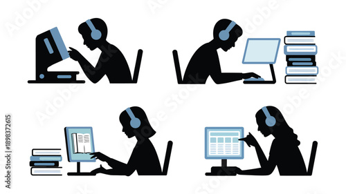 Customer service representatives working on computers in minimalist silhouette style with blue accents in modern office setting for business illustration