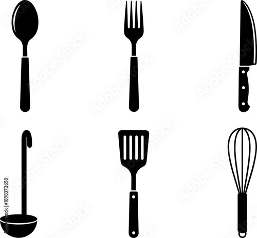 Collection of six essential kitchen utensils in a clean, minimalist black and white silhouette style