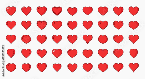 Multiple red hearts arranged in rows on white background for love concepts