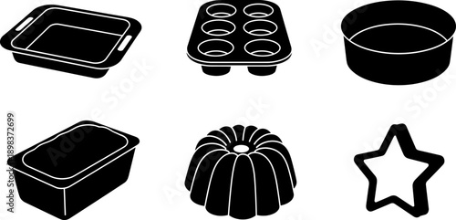 Collection of baking pans and cookie cutters in a simple black and white illustration