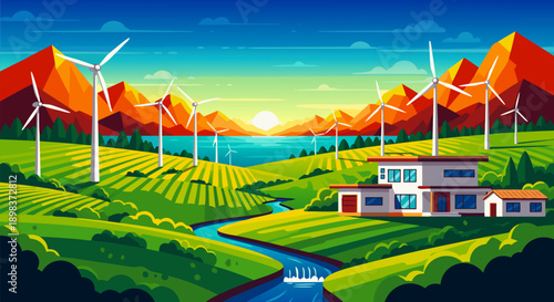 Wind turbine farm vector illustration in a vibrant green landscape with mountains and a flowing river