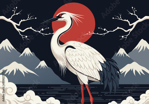 Elegant Japanese Crane Vector Illustration with Mountain and Sun Scenery