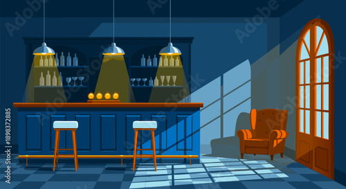 Vector illustration of a cozy dimly lit bar interior with a counter, stools, and an armchair