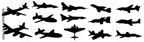 black silhouettes of various military and civilian aircraft in flying flight positions