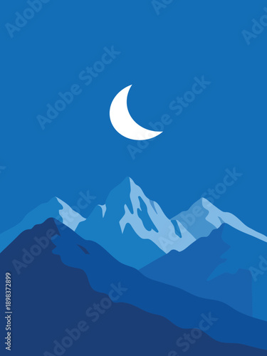Moonlit mountain range under a crescent moon