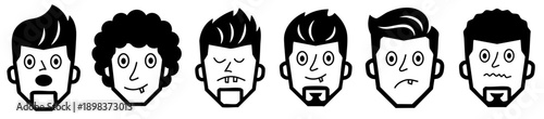 set of hand drawn male faces with different hairstyles and facial expressions