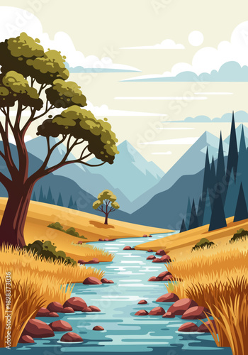 Serene Mountain River Landscape Vector Illustration - A Peaceful Meadow with Trees and Water
