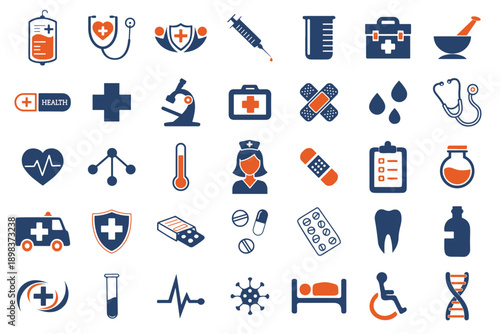 Comprehensive collection of medical and healthcare icons in blue and orange, including hospitals, doctors, medical equipment, health services, and wellness symbols for versatile use