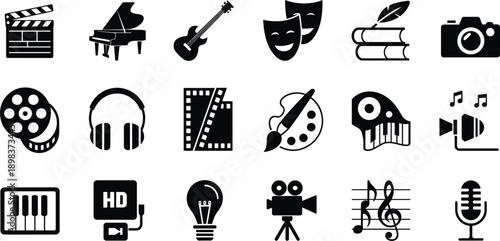 Collection of black and white icons representing arts and entertainment clapperboard piano