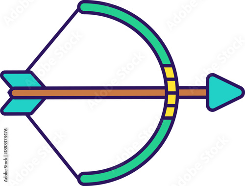 Archery outline icon for competition. Green bow with colorful arrow