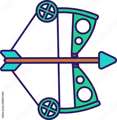 Archery outline icon for competition. Green compound bow with colorful arrow