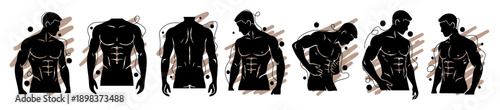 black silhouettes of muscular male torsos showing back and front anatomy poses