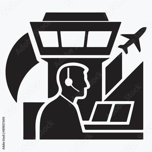 Air traffic controller at work in control tower with airplane taking off silhouette vector