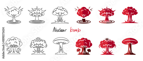 series of mushroom cloud sketches showing nuclear explosion in red and black