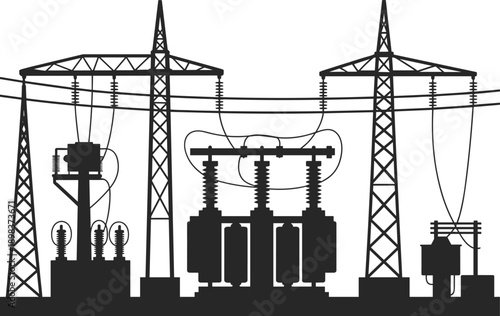 Silhouette of electrical substation with transformers, power lines, transmission towers, energy distribution, high voltage equipment, industrial infrastructure, electrical power grid