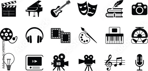 Collection of creative and entertainment icons on a white background Keywords: entertainment, creative, icons, symbols, music