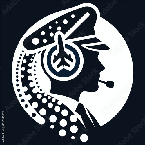 Air Traffic Controller Silhouette with Headset and Airplane Icon