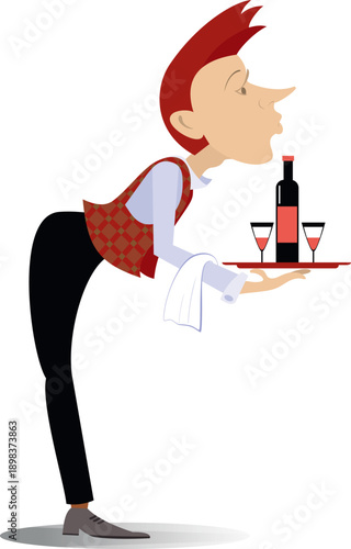 Waiter holds a tray with alcohol drink and glasses