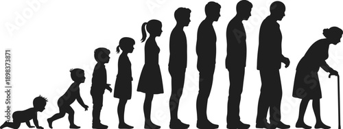 Silhouette of human life stages from baby crawling to elderly walking with cane, growth, aging process, timeline of life, family, health concept