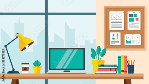 Modern workspace illustration, desk, laptop, cityscape background, plants, notes