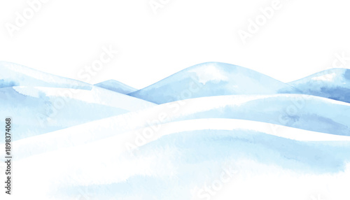 Watercolor of rolling snow-covered hills with soft blue and white illutrastion transparent background