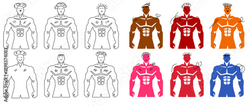 muscular male torso icons in different colors and simple black outline styles